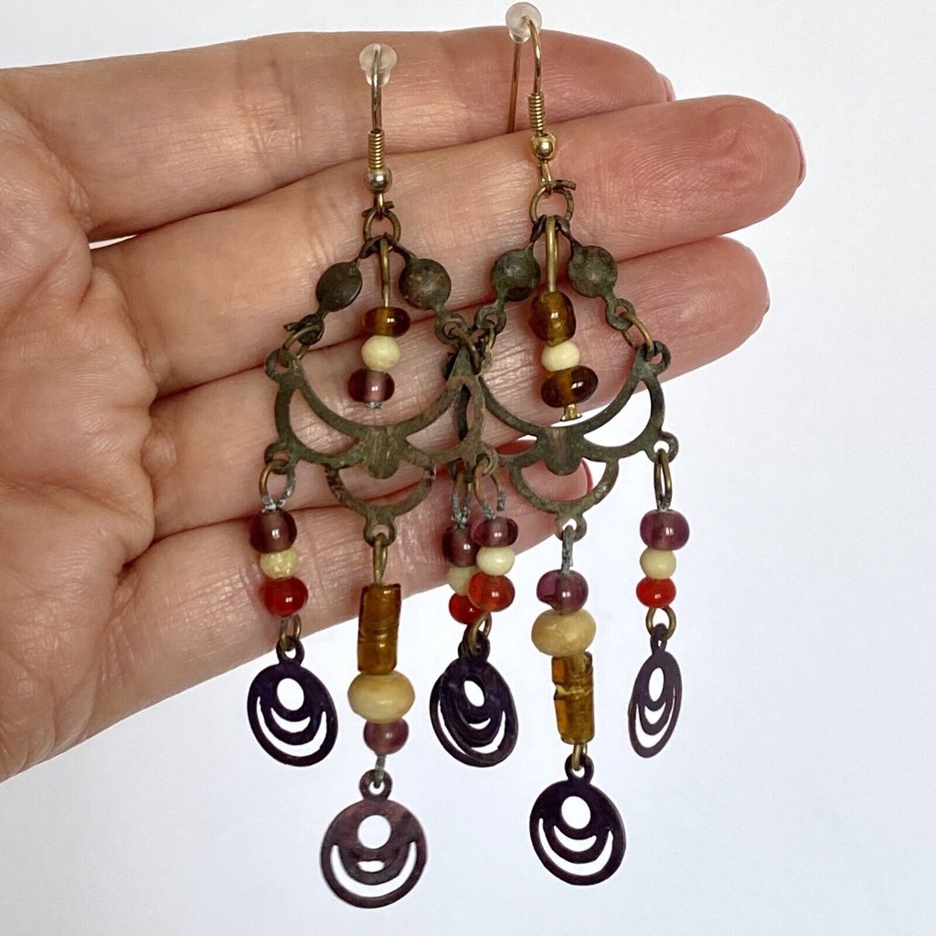 Boho Distressed Metal Glass Beads Chandelier Dangle Pierced Hook Earrings 3.5in